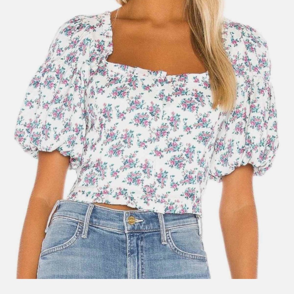 For Love and Lemons ditsy floral cropped puff sleeve top size large
